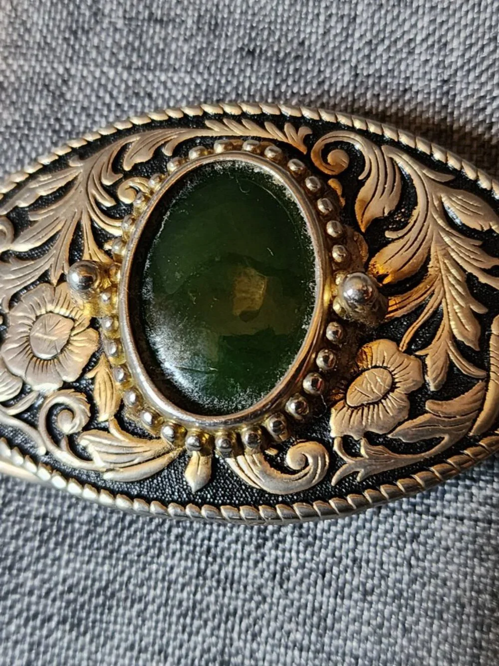 Vintage Western Style Engraved Floral Silver Metal With Green Stone Belt Buckle